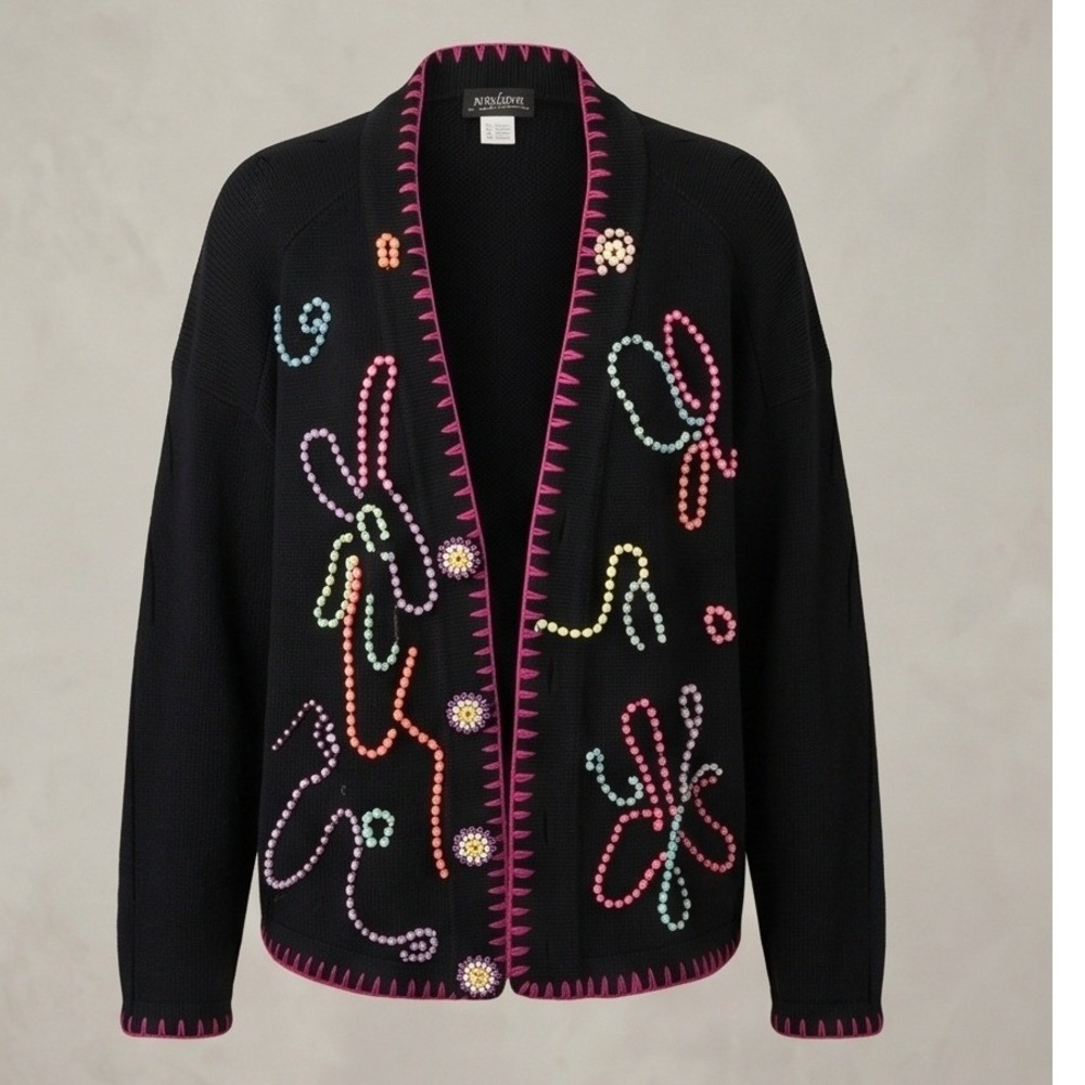 Malain XL Embellished Beaded‎ Black Cardigan Sweater VTG Button Front Silk Blend